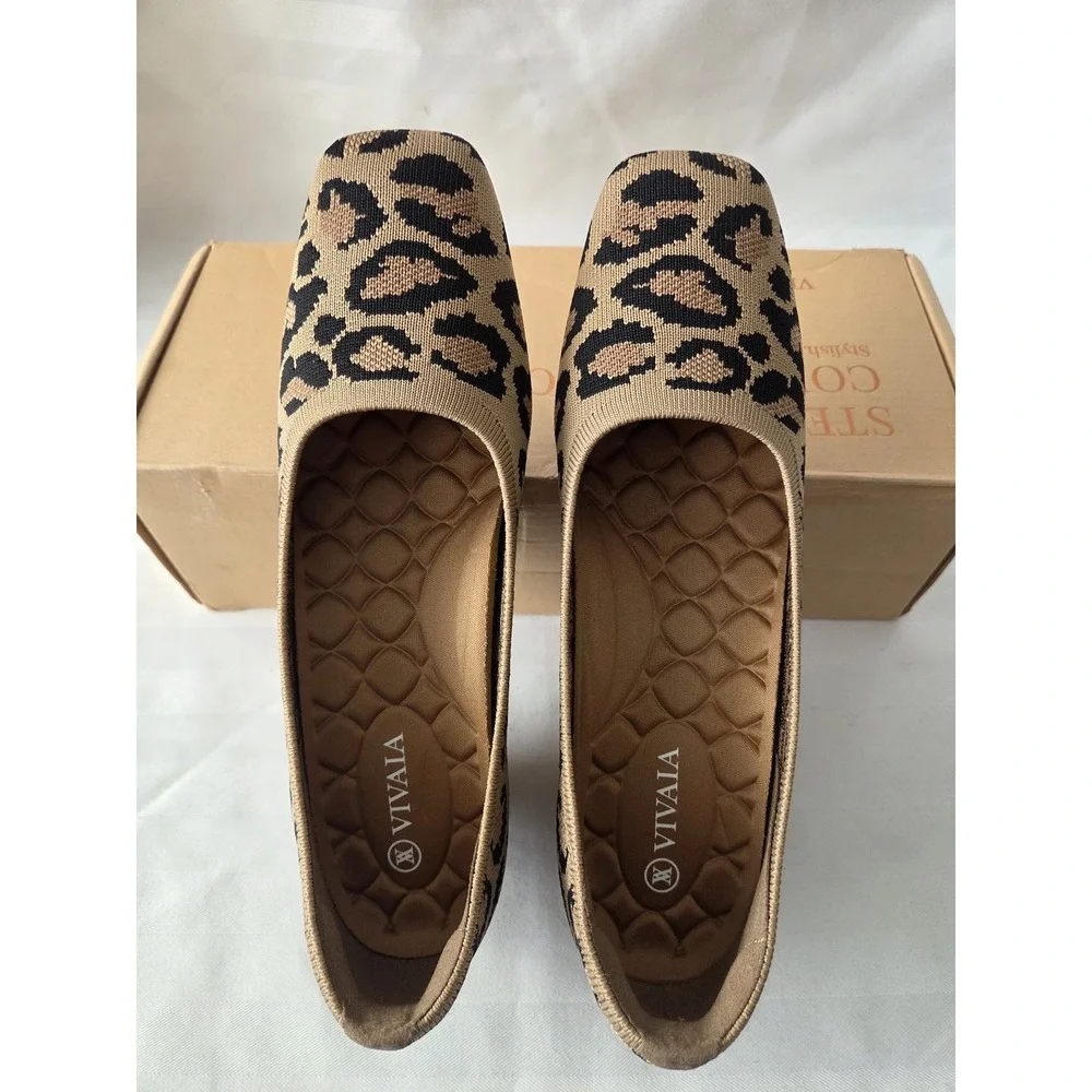 Vivaia Leopard Print Knit Square Toe Wedge Pumps Tan Black New Size 38 US 7‎